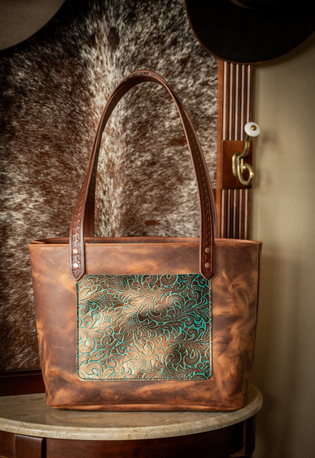 Rust Purse with Embossed Teal Pocket